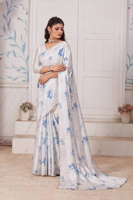 White hand work zarkan cut work border satin saree 1