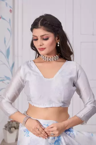 White hand work zarkan cut work border satin saree