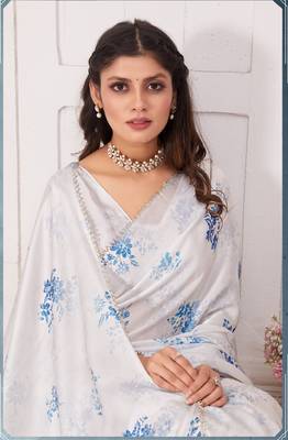 White hand work zarkan cut work border satin saree 4