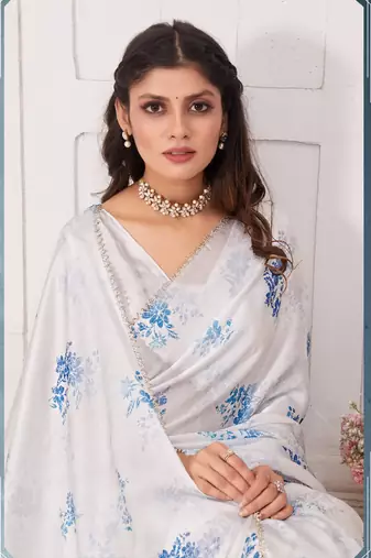 White hand work zarkan cut work border satin saree