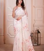 Sky blue hand work zarkan cut work border organza saree