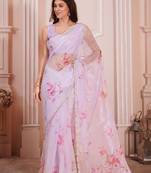 Purple hand work zarkan cut work border organza saree