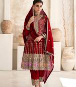 Maroon  chinon Silk Blend embroidered designer dress