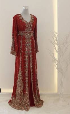 Luxurious Red Kaftan Gown with Gold Zari Work | Wedding & Formal Event Dress 1