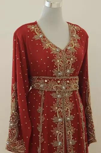 Luxurious Red Kaftan Gown with Gold Zari Work | Wedding & Formal Event Dress