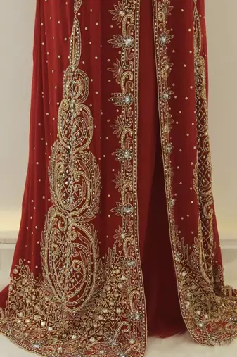 Luxurious Red Kaftan Gown with Gold Zari Work | Wedding & Formal Event Dress