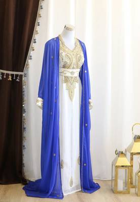 Royal-Blue & White Handcrafted Zari work Stitched Dress Georgette Kaftan Party Wear Wedding Dresses	 1