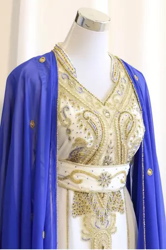 Royal-Blue & White Handcrafted Zari work Stitched Dress Georgette Kaftan Party Wear Wedding Dresses	