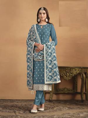 TEAL BLUE GEORGETTE EMBROIDERED SALWAR KAMEEZ 1