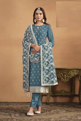 TEAL BLUE GEORGETTE EMBROIDERED SALWAR KAMEEZ