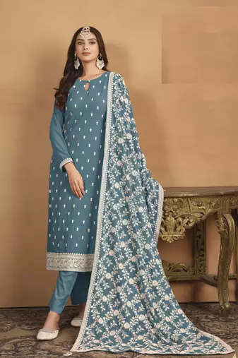 TEAL BLUE GEORGETTE EMBROIDERED SALWAR KAMEEZ