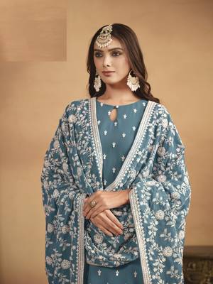 TEAL BLUE GEORGETTE EMBROIDERED SALWAR KAMEEZ 3