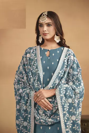 TEAL BLUE GEORGETTE EMBROIDERED SALWAR KAMEEZ