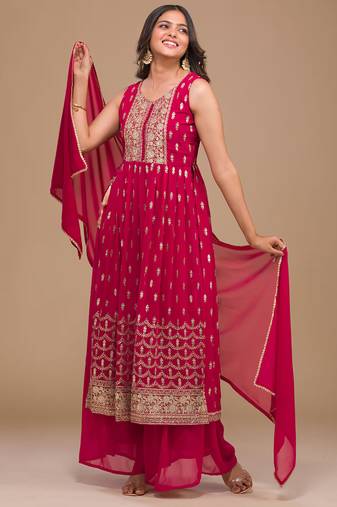Rani Pink Zariwork Georgette Readymade Salwar Suit