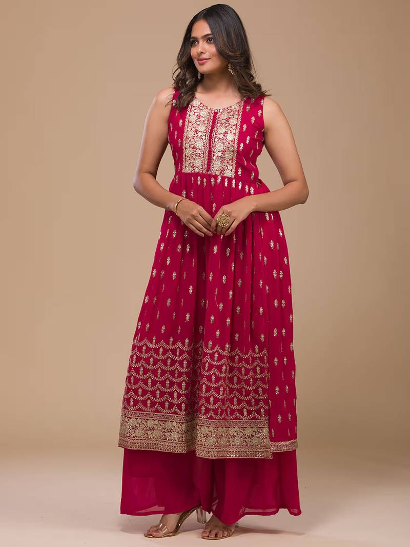 Rani Pink Zariwork Georgette Readymade Salwar Suit