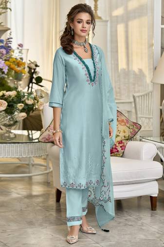 Mojilaa women's sky blue viscose silk embroidered kurta with pant & dupatta