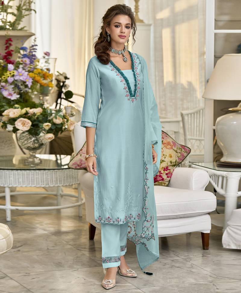 Mojilaa women's sky blue viscose silk embroidered kurta with pant & dupatta