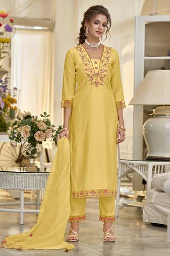  yellow viscose silk embroidered kurta with pant & dupatta