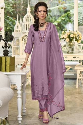  lavender viscose silk embroidered kurta with pant & dupatta