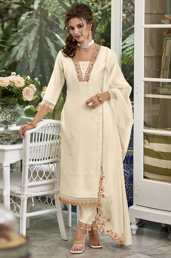  cream viscose silk embroidered kurta with pant & dupatta