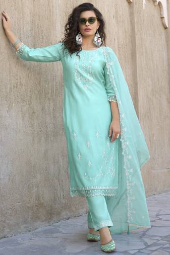  sky blue viscose silk embroidered kurta with pant & dupatta