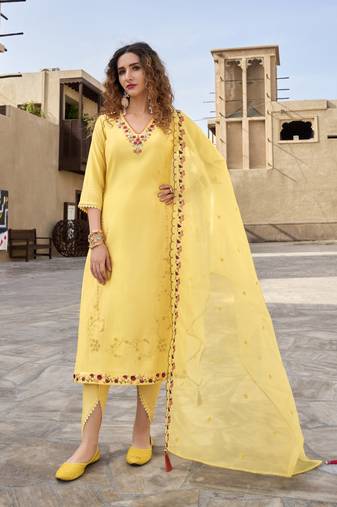  yellow viscose silk embroidered kurta with dhoti pants & dupatta