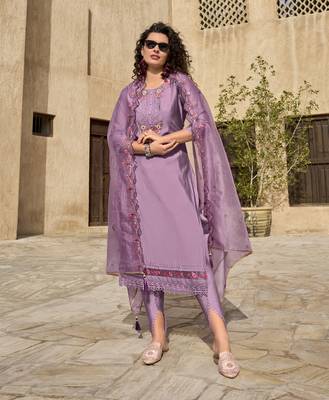  lavender viscose silk embroidered kurta with dhoti pants & dupatta 1