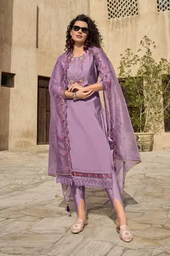 Mojilaa women's lavender viscose silk embroidered kurta with dhoti pants & dupatta