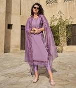  lavender viscose silk embroidered kurta with dhoti pants & dupatta