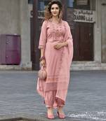 peach viscose silk embroidered kurta with afghani salwar & dupatta