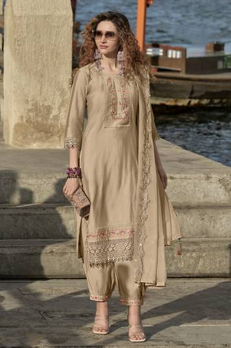  bronze viscose silk embroidered kurta with afghani salwar & dupatta