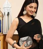 Kasee Women'S Black Poly Georgette Saree With Unstitched Blouse Piece