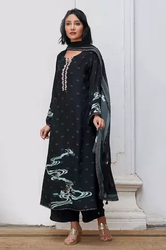 Black bemberg silk salwar suit with chinon silk dupatta
