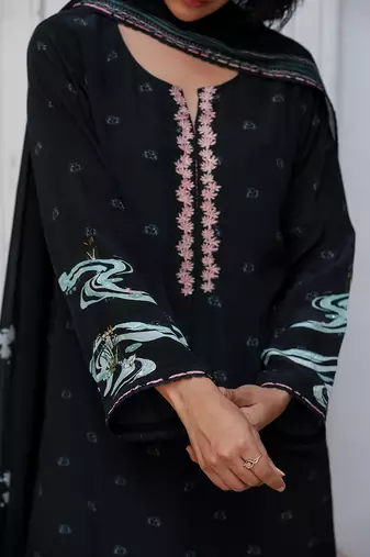 Black bemberg silk salwar suit with chinon silk dupatta
