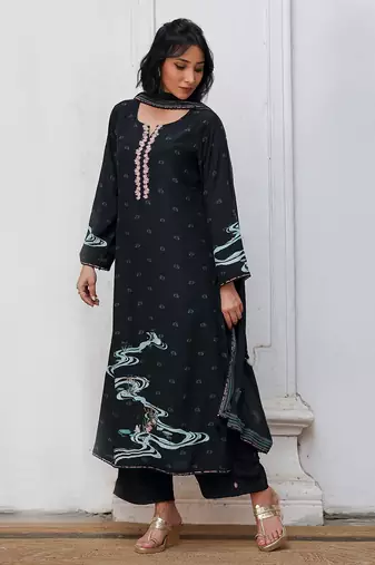 Black bemberg silk salwar suit with chinon silk dupatta