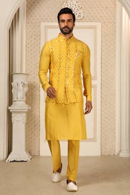 Yellow Kurta Pajama Set With Embroideried Nehru Jacket 1