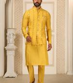 Yellow Kurta Pajama Set With Embroideried Nehru Jacket