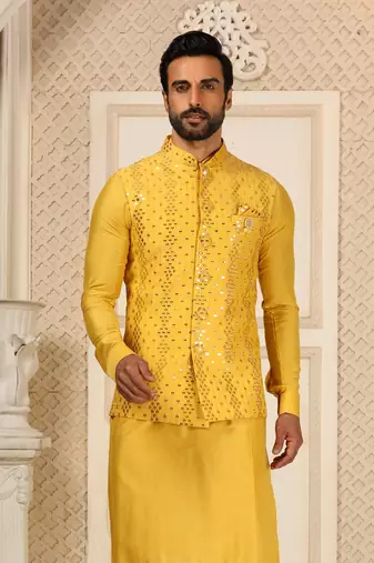 Yellow Kurta Pajama Set With Embroideried Nehru Jacket