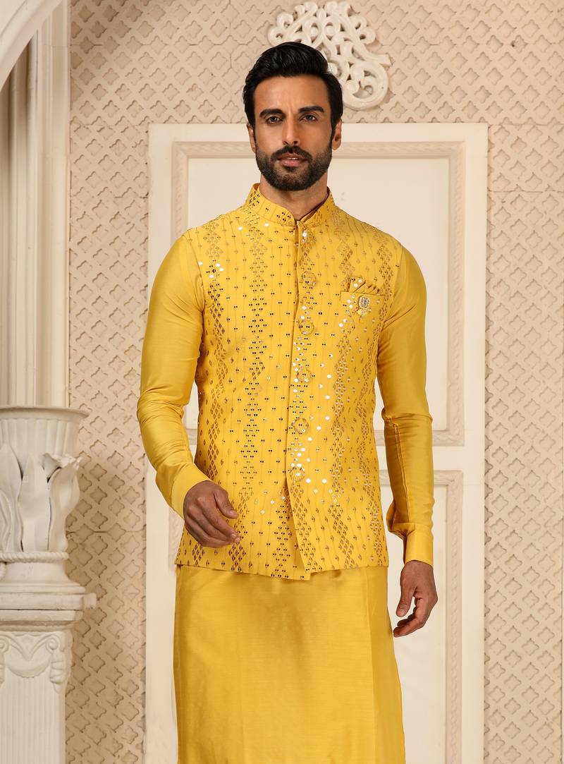 Yellow Kurta Pajama Set With Embroideried Nehru Jacket