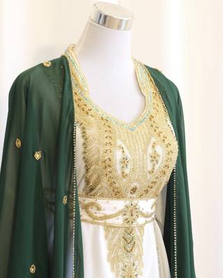 Green & White Handcrafted Zari work Stitched Dress Georgette Kaftan Party Wear Wedding Dresses 2