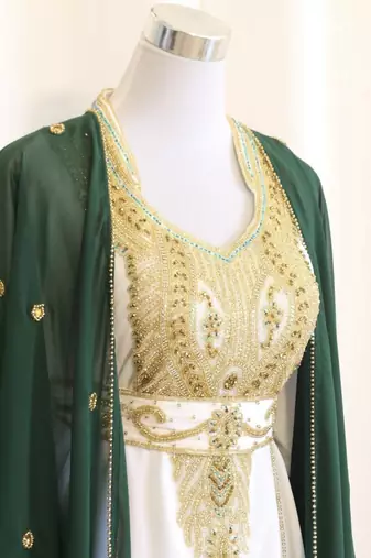 Green & White Handcrafted Zari work Stitched Dress Georgette Kaftan Party Wear Wedding Dresses