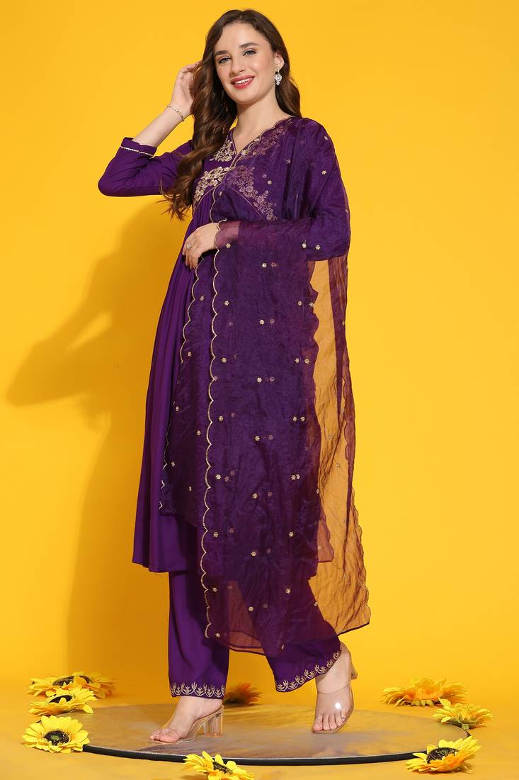 Women Multicolor Rayon Alia Cut Hand Embroidered & floral Printed Kurta with pant & dupatta Premium
