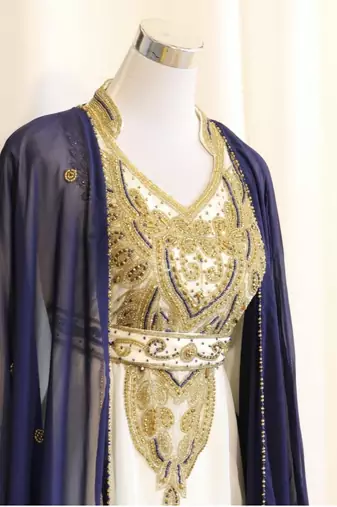 Navy-Blue & White Handcrafted Zari work Stitched Dress Georgette Kaftan Party Wear Wedding Dresses