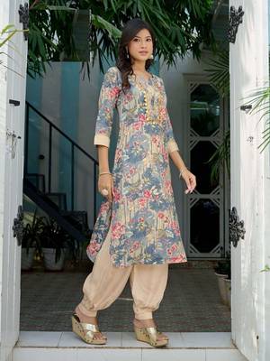 Blue modal chanderi floral print full stitch afghani sets 1