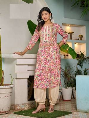 Pink modal chanderi floral print full stitch afghani sets 1