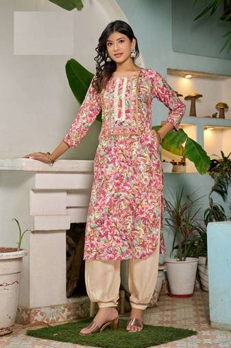 Pink modal chanderi floral print full stitch afghani sets