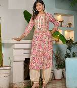 Pink modal chanderi floral print full stitch afghani sets