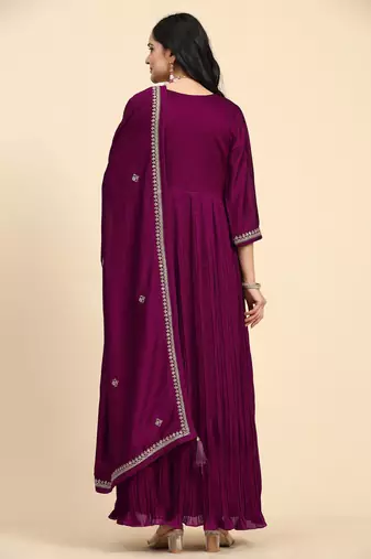 Trendmalls  Vichitra Silk Embroidery Salwar Suit Set Anarkali Kurta Set with Dupatta