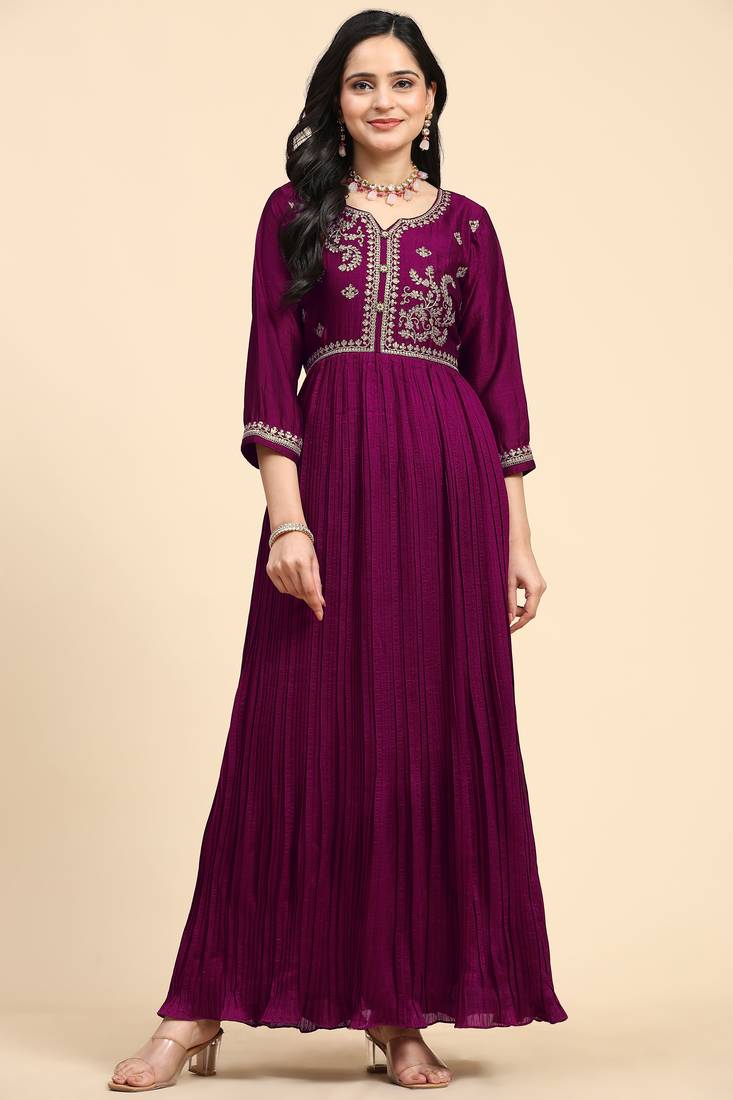  Vichitra Silk Embroidery Salwar Suit Set Anarkali Kurta Set with Dupatta