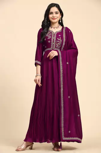 Trendmalls  Vichitra Silk Embroidery Salwar Suit Set Anarkali Kurta Set with Dupatta
